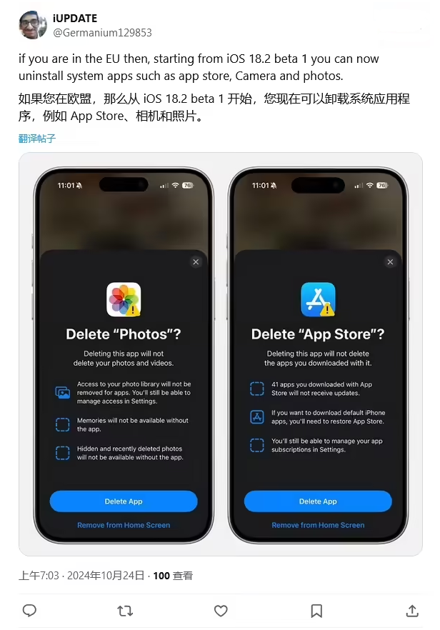 碧江苹果手机维修分享iOS 18.2 支持删除 App Store 应用商店 